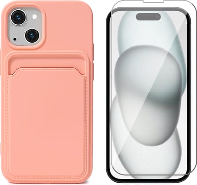 Hoesje Pasjeshouder geschikt voor iPhone 15 - Screenprotector GlassGuard - Siliconen Case Back Cover Roze & Screen Protector