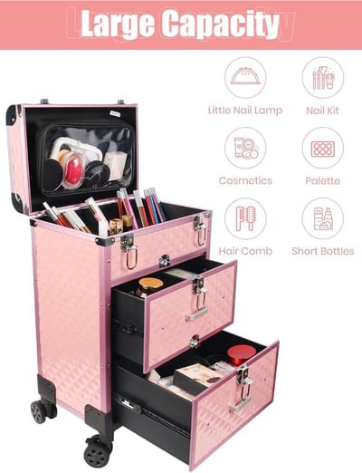 Professionele make-up treinkoffer - aluminium cosmetische koffer - rollende make-up koffer - extra groot - trolley nagelstyliste koffer
