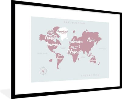 Poster in lijst - Fotolijst 120x80 cm - Posters - Wereldkaart - Roze - Letters - Posterlijst zwart - Decoratie - Wanddecoratie woonkamer - Muurdecoratie slaapkamer