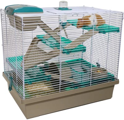 SAVI®Rattenkooi - Frettenkooi - Chinchilla kooi - Doorzichtig Turquoise -Wit/Bruin 36cm x 50cm x 45cm