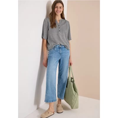 Blouse met korte mouwen, gespleten hals en strepen