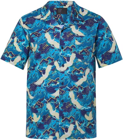 JP 1880 - Heren - jersey overhemd korte mouwen Cubaanse kraag all-over print - Donkerpetrol - Maat 5XL