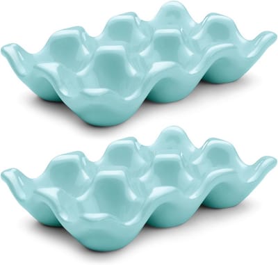 Keramische Eierhouder voor 6 Eieren - Blauwe Decoratieve Serveerschaal en Opbergorganizer - 2 Stuks