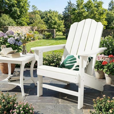 Wit HDPE Adirondack-stoel, tuinstoel met houtstructuur, weerbestendige terrasstoel met hoge rugleuning, duurzaam loungemeubilair voor de tuin, achtertuin, terras en bij het zwembad