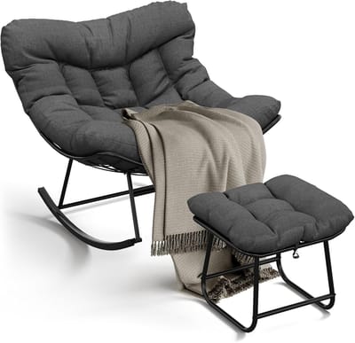 Moderne Schommelstoel voor Buiten met Voetenbank - Inclusief Kussens - Ergonomische Lounge Tuinstoel - Weerbestendig Metaal - Voor Tuin, Balkon & Terras