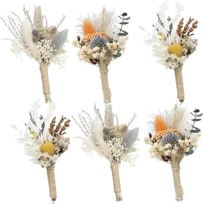 Gedroogd Bloemenboeket - Natuurlijk Boutonnière - Feest Decoratie - Met Hennep Touw - 6 Stuks - Meerkleurig
