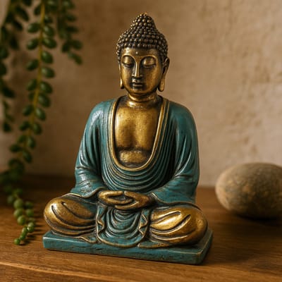 Boeddha Beeld in meditatie - Teal & Gold Buddha - Medium