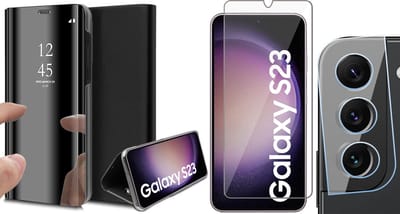 Hoesje geschikt voor Samsung Galaxy S23 - Screenprotector GlassGuard & Camera Lens Screen Protector - Book Case Spiegel Zwart