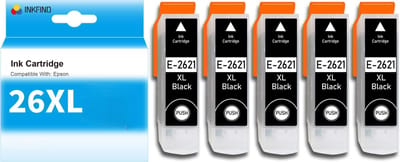 INKFIND 26XL T2621 inktcartridge 5 Pack (Zwart*5) compatibel met Epson T2621 26XL voor Epson Expression Premium XP 820 810 800 720 710 700 625 620 615 610 605 600 520 510 -5-pack