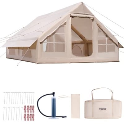 VEVOR Opblaasbare Campingtent 4x3x2 m, 5-8 personen, 300D Oxford Glampingtent met aansluiting voor kachel, handpomp, 2 deuren en 4 gaasramen, incl. opbergtas voor gemakkelijk transport
