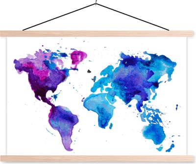 Wereldkaart aquarel blauw lila schoolplaat platte latten blank 150x100 cm - Foto print op textielposter (wanddecoratie woonkamer/slaapkamer)