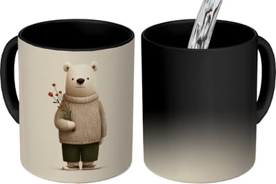 Magische Mok - Foto op Warmte Mokken - Koffiemok - Knuffelbeer - Oranje bloemen - Vriendelijk - Magic Mok - Beker - 350 ML - Theemok
