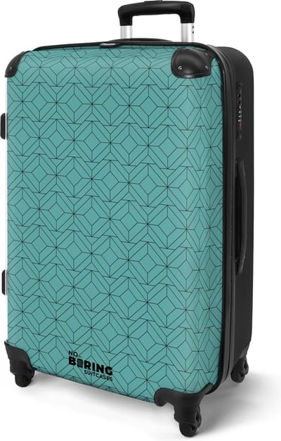 NoBoringSuitcases.com® - Koffer groot - Rolkoffer lichtgewicht - Blauw met zwart geometrisch patroon - Reiskoffer met 4 wielen - Valies grote trolley XL op wieltjes - Harde reistrolley met TSA slot - 20 kg bagage - Reizen
