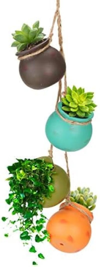 PromoHome 4-delige hangende keramische plantenpotten set met touw - Kleurrijke mini bloempotten voor binnen en buiten
