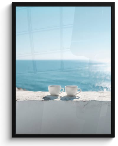 Poster in lijst - Fotolijst 60x80 cm - Posters - Zee - Koffiekopjes - Zomers - Posterlijst zwart - Decoratie - Wanddecoratie woonkamer - Muurdecoratie slaapkamer