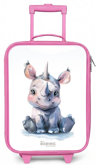 NoBoringSuitcases.com® - Kinderkoffer roze - Kindertrolley meisje - Baby neushoorn - Koffer kind lichtgewicht - Reiskoffer trolley voor kinderen - Koffertje met lichtgevende wieltjes - Rolkoffer