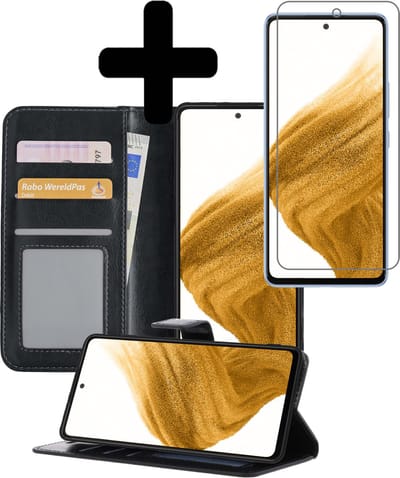 Hoesje - Met Screenprotector - Geschikt voor Samsung Galaxy A53 - Luxe Pasjeshouder - Bookcase Portemonee - Flip Case - Kunstleer Book Case - Flipcase - Book Cover - Walletcase - Portemonneehoes - Telefoonhoesjes - Zwart