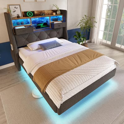 Pugsdrly Gestoffeerd bed 90x200 cm Hangend bed met ledverlichting, hoofdeinde en oplaadstation (1 Type-C, 3 USB-poorten), modern eenpersoonsbed met hoofdeinde met opbergruimte en lattenbodem, linnen, grijs (zonder matras)