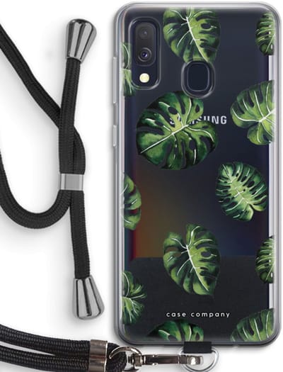 Case Company® - Hoesje met koord geschikt voor Samsung Galaxy A40 hoesje met Koord - Tropische bladeren - Telefoonhoesje met Zwart Koord - Bescherming aan alle Kanten en Over de Schermrand