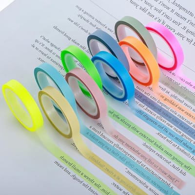 Allecto Plus - Markeerstift Tape Set van 10 rollen, verwijderbare gekleurde transparante tape voor studenten, leraren en klaslokaal - Fluorescerende neon tape met markeerstift strips voor boek annotatie - Thuiskantoor benodigdheden