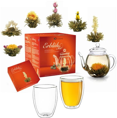 Creano Theebloemen Mix - Cadeauset Bloementhee met Glazen Theepot & 2x 250ml Thermoglazen - Witte Thee (in 6 Soorten)