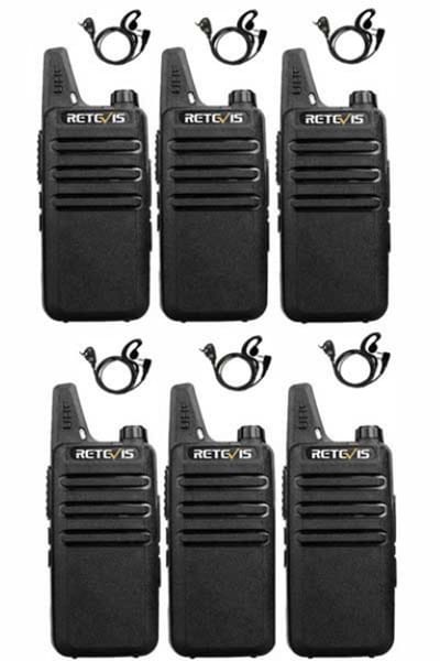 Set van 6 Retevis RT622 vergunning vrije UHF mini portofoons met G-shape oortje