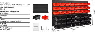 Venzor - Wandgemonteerde Opbergset 48‑delig – Met Wandpanelen & Haken – Kunststof Onderdelenbakken voor Garage, Werkplaats & Gereedschap – Zwart/Rood