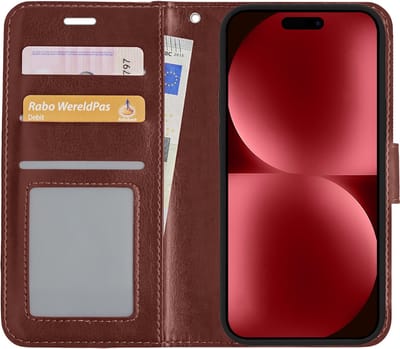 Hoesje - Met Pasjeshouder - Geschikt voor Apple iPhone 15 - Luxe Bookcase Portemonee - Flip Case - Kunstleer Book Case - Flipcase - Book Cover - Walletcase - Portemonneehoes - Bruin