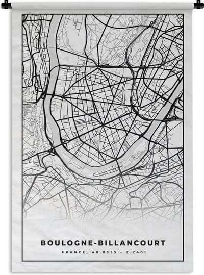 Wandkleed - Wanddoek - Kaart - Plattegrond - Boulogne-Billancourt - Frankrijk - Stadskaart - Zwart wit - 120x180 cm - Wandtapijt