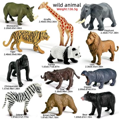 12 stuks Simulatie Wilde Dieren Model Leeuw Tijger Giraf Olifant Actiefiguren Solide PVC Beeldjes Speelgoed Kerstcadeaus Voor Kinderen black