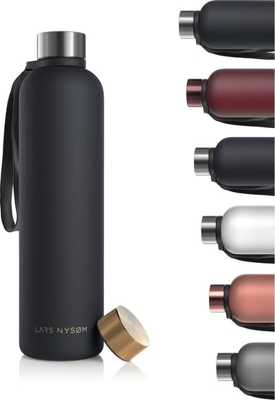 LARS NYSØM Blæst Ultralichte tritan-waterfles 1000ml - BPA-vrij, lekvrij, geschikt voor koolzuurhoudende dranken - Inclusief 2 deksels (Carbon Black/Gold)