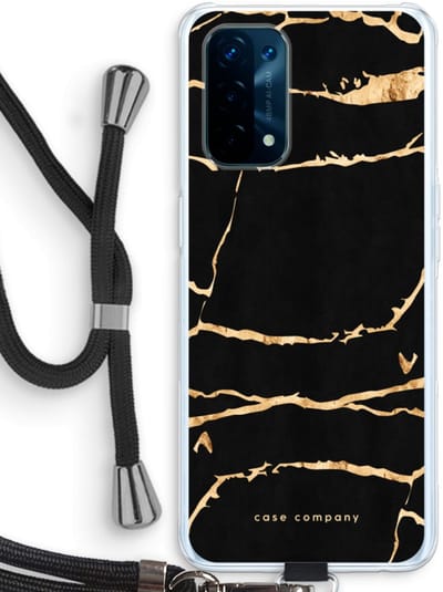Case Company® - Hoesje met koord geschikt voor Oppo A74 5G hoesje met Koord - Gouden marmer - Telefoonhoesje met Zwart Koord - Bescherming aan alle Kanten en Over de Schermrand