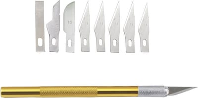 Scalpel mes met 9x losse mesjes in verschillende vormen Voor hobby & modelbouw / Goudkleurig handvat / HaverCo