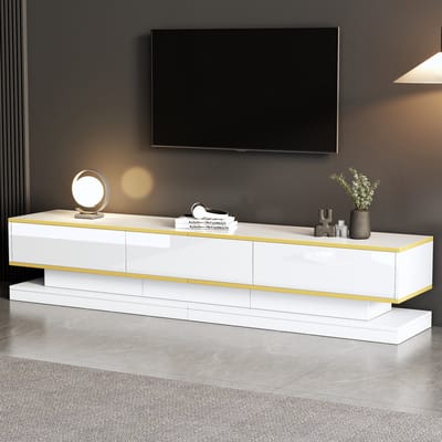 DESMIU Tv Kast - Hoogglans Met 3 Lades En Open Vak - Voor Woonkamer En Mediahoek - Spaanplaat - Wit Met Gouden Rand - 200x40x40 Cm