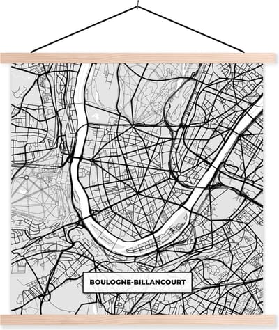 Posterhanger incl. Poster 40x40 cm - Schoolplaat - Boulogne-Billancourt - Plattegrond - Frankrijk - Kaart - Stadskaart - Textielposter - Blanke latten - Stadskaart