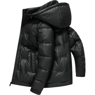 Leren Donsjack Heren Winter Nieuw PU Leer Waterdicht Heren Capuchon Leren Donsjack Heren Verdikt Donsjack L zwart