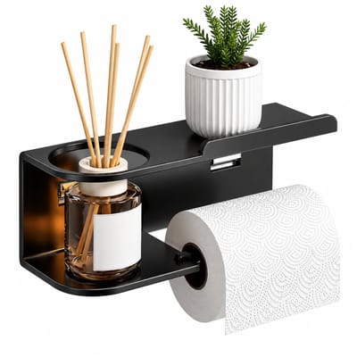 BOTC WC Rolhouder - Toiletpapierhouder met aromatherapiehouder en plankje - Metalen toiletpapierhouder - Zwart