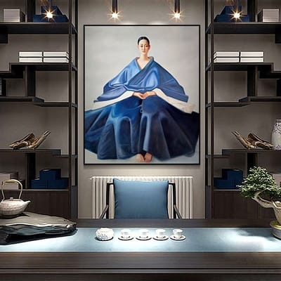 Fine Asianliving Olieverf Schilderij 100% Handgeschilderd Zwarte Omlijsting 120x120cm Chinese Vrouw Blauw