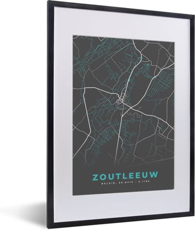 Fotolijst incl. Poster - België – Zoutleeuw – Stadskaart – Kaart – Blauw – Plattegrond - 30x40 cm - Posterlijst