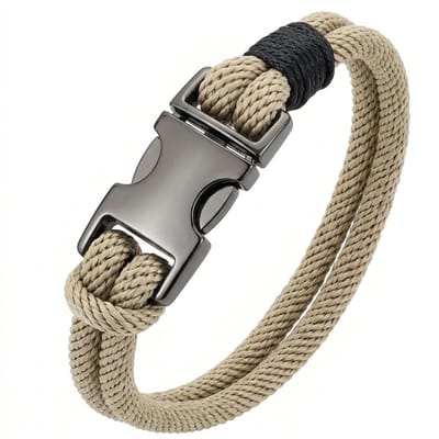 Heren armband – beige touwarmband met zwart metalen sluiting