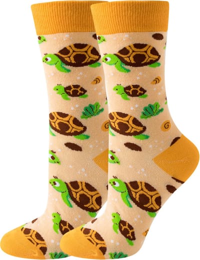Sokken dames - bruin - geel - leuke print schildpad - 36 - 40 - cadeau voor haar - Kerstcadeau - verjaardagscadeau - geschenk vrouwen
