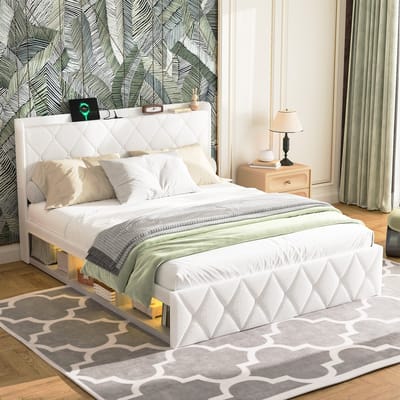 HAUSS SPOLE Gestoffeerd Bed 140x200cm - Tweepersoonsbed Met USB Oplaadpunten En LED Verlichting - Zonder Matras - Teddy Stof - Wit