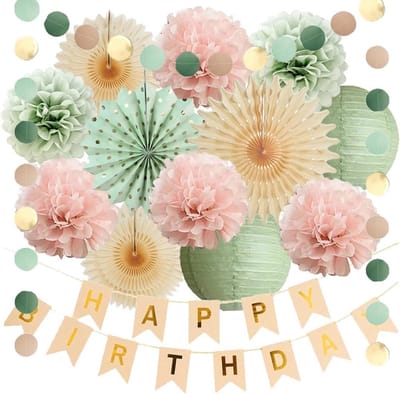 Verjaardagsdecoratie Set Saliegroen Lichtroze Beige Goud – Compleet Feestpakket met Happy Birthday Banner