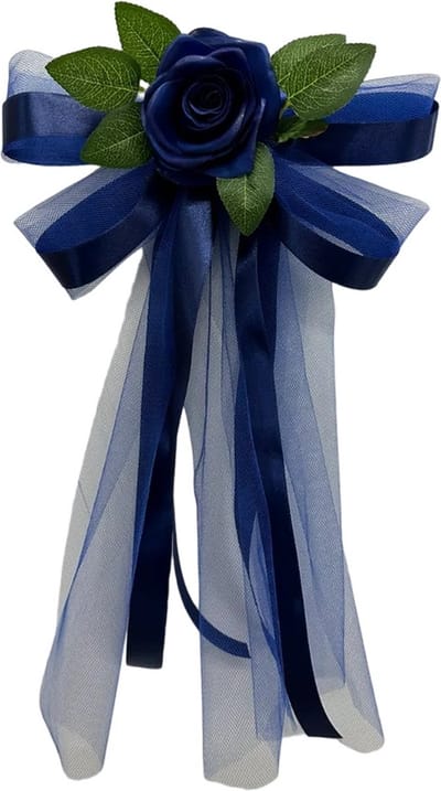 autodeco.nl SIA ROYAAL BLAUW Handvatten Decoratie 4 stuks - Trouwauto Versiering -Royaal Blauwe Rozen met Linten en Tule - Bloemen voor op de Handvatten - Versiering Handvat Auto - Autoversiering voor Volgauto's