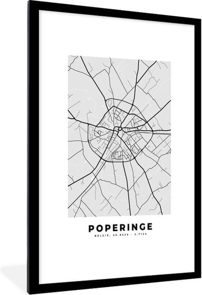 Fotolijst incl. Poster Zwart Wit- België – Poperinge – Stadskaart – Kaart – Zwart Wit – Plattegrond - 80x120 cm - Posterlijst