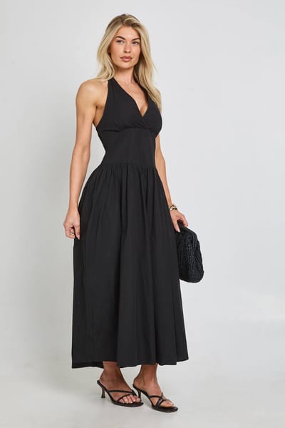 boohoo Dames Katoenen Poplin Midi-jurk Met Halternek En Plooien | Black | Maat: 14
