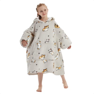JAXY - Hoodie Deken Kinderen - Fleece Deken Met Mouwen - Snuggle Hoodie - Oodie Kids - 1150 gram - Kat
