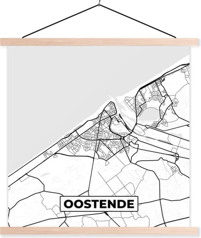 Posterhanger incl. Poster 40x40 cm - Schoolplaat - België – Oostende – Stadskaart – Kaart – Zwart Wit – Plattegrond - Textielposter - Blanke latten - Stadskaart
