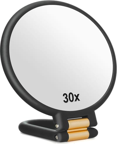 30x vergroting, draagbare reisspiegel met handvat - dubbelzijdige handspiegel met 1x 30x vergroting en verstelbare handgreep/standaard, draagbare opvouwbare make-up reisspiegel (zwart)