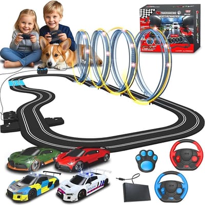 High-Speed Tram Slotracebaan Dual Track – 1:64 Race Set met 4 Voertuigen, LED-koplampen, 2 Handcontrollers, Lap Counter & Looping – Duurzame Elektrische Racebaan voor Kinderen